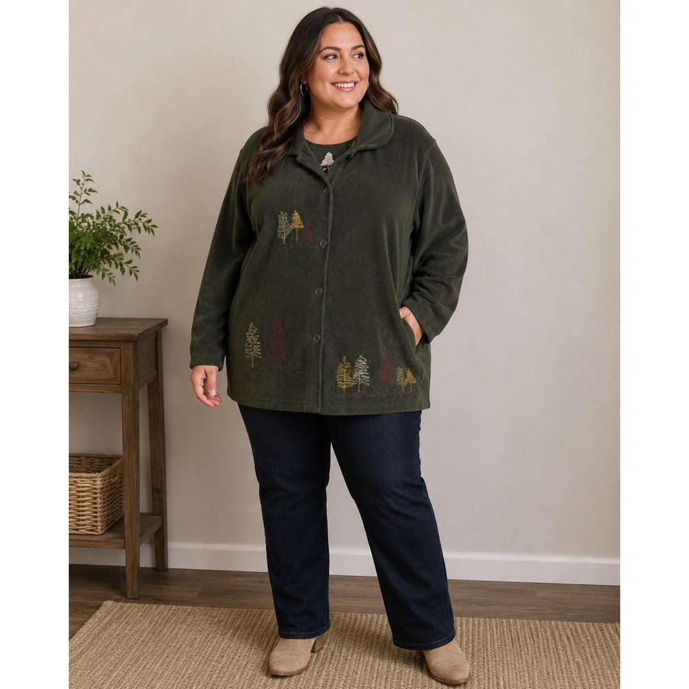 Forest Green Fleece Button Up Embroidered Jacket Plus Sz 22-24 Fall Transition